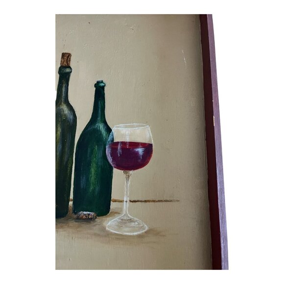 Vintage Hand-Painted Wooden Serving Tray – Wine Bottle & Glass Still Life – Sign - Picture 4 of 6